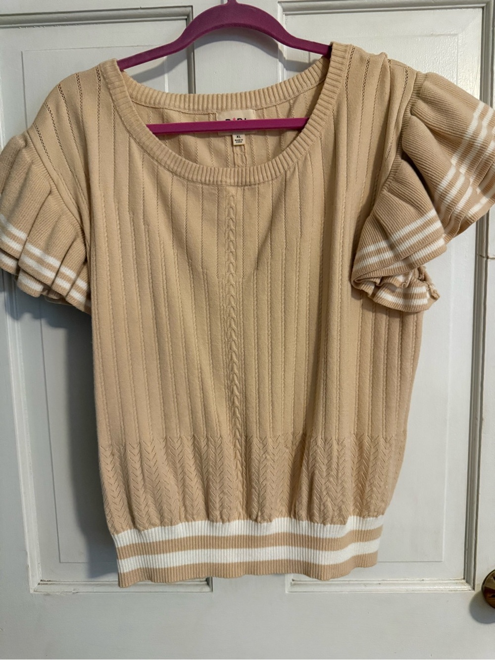 BiBi Beige Crewneck Short-Sleeve Sweater with White Stripe Trim